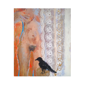 Rohusaar Must ronk 2005 Assamblaaž, õli lõuendil, pitskardin 130x100cm