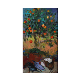 Apelsinipuu apelsinidega ja neli erinevat värvi kana teri nokkimas, akrüül lõuendil mõõtmetega 180x100cm