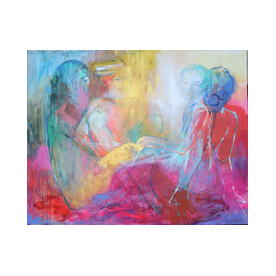 Neli inimfiguuri värvilisel valdavalt punasel taustal, akrüül lõuendil mõõtmetega 120x150cm