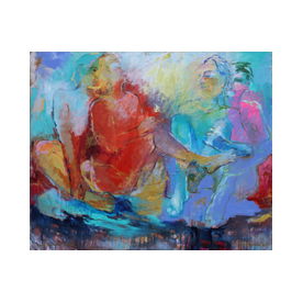 Värvilaikudes istuvad inimesed joonfiguuridena, akrüül lõuendil,  mõõtmed 130x160cm