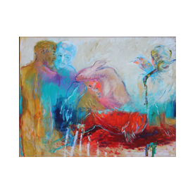 Värvilisel taustal kaks mees ja kaks nais figuuri vestlemas küünlavalgel, akrüül lõuendil mõõtmetega 120x150cm