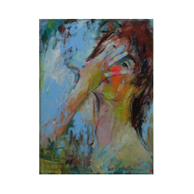 Sõrmede vahelt piiluja autoportree, akrüül lõuendil mõõtmetega 70x50cm