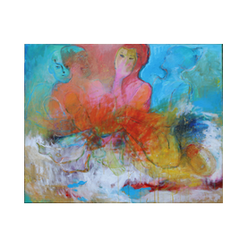 Värvilised inimkontuurid mõnedel maskid ees, akrüül lõuendil mõõtmetega 120x150cm