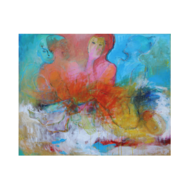 Värvilised inimkontuurid mõnedel maskid ees, akrüül lõuendil mõõtmetega 120x150cm