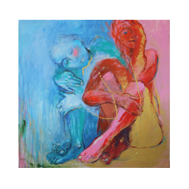 Värvilisel taustal kaks inimfiguuri erinevates meeleoludes, akrüül lõuendil mõõtmetega 100x100cm