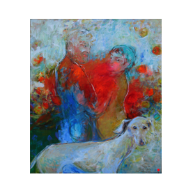Naine, mees ja koer sügiseses õumaaias, akrüül lõuendil mõõtmetega 150x120cm